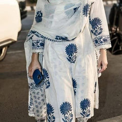 Blue Block Printed Side gather kurta with palazzo and printed dupatta
