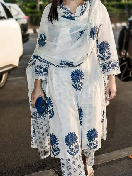 Blue Block Printed Side gather kurta with palazzo and printed dupatta