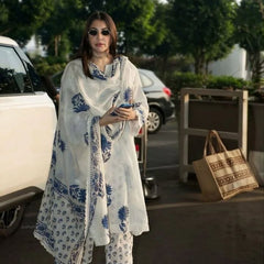 Blue Block Printed Side gather kurta with palazzo and printed dupatta