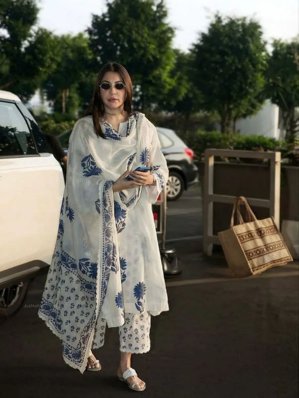Blue Block Printed Side gather kurta with palazzo and printed dupatta