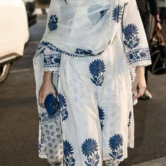 Blue Block Printed Side gather kurta with palazzo and printed dupatta