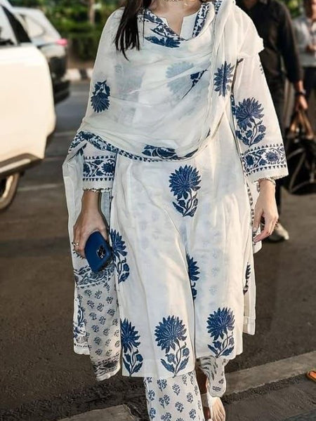 Blue Block Printed Side gather kurta with palazzo and printed dupatta