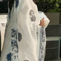 Blue Block Printed Side gather kurta with palazzo and printed dupatta
