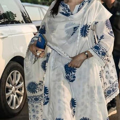 Blue Block Printed Side gather kurta with palazzo and printed dupatta