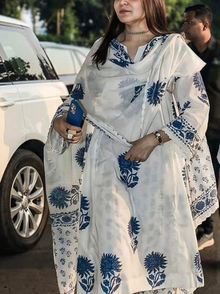 Blue Block Printed Side gather kurta with palazzo and printed dupatta