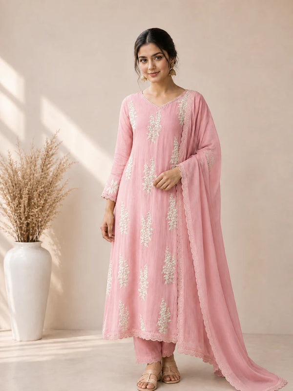 Women's Embroidered Straight Kurta Set with Dupatta