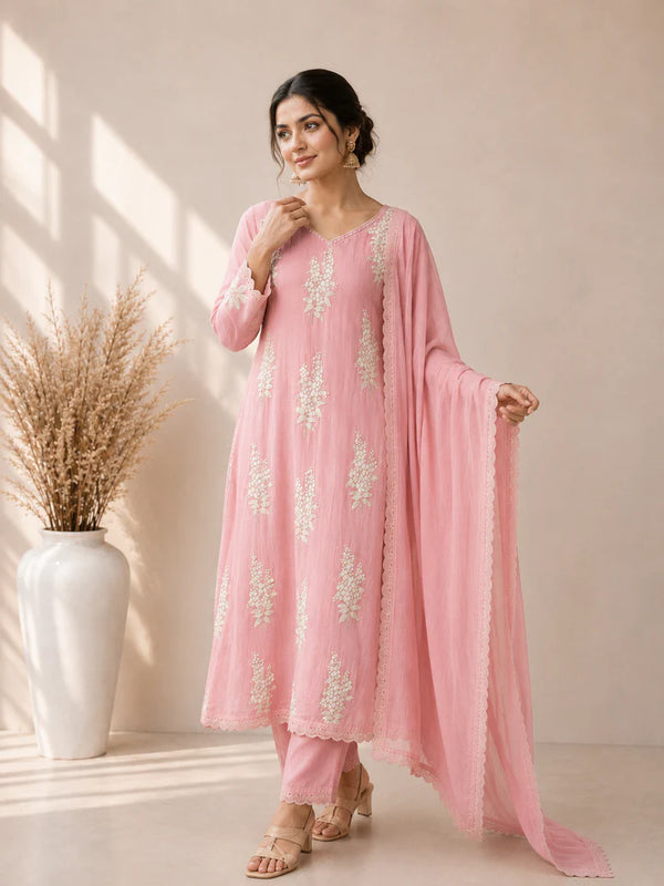 Women's Embroidered Straight Kurta Set with Dupatta