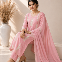 Women's Embroidered Straight Kurta Set with Dupatta