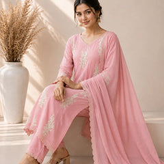 Women's Embroidered Straight Kurta Set with Dupatta