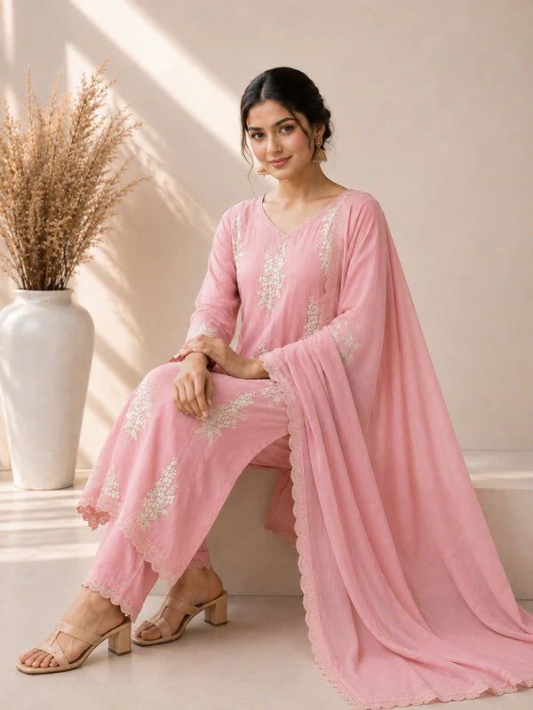 Women's Embroidered Straight Kurta Set with Dupatta