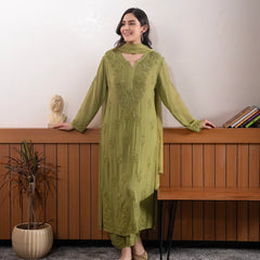 Elegant Olive Green Floral Embroidered Kurta Pant Set with Dupatta