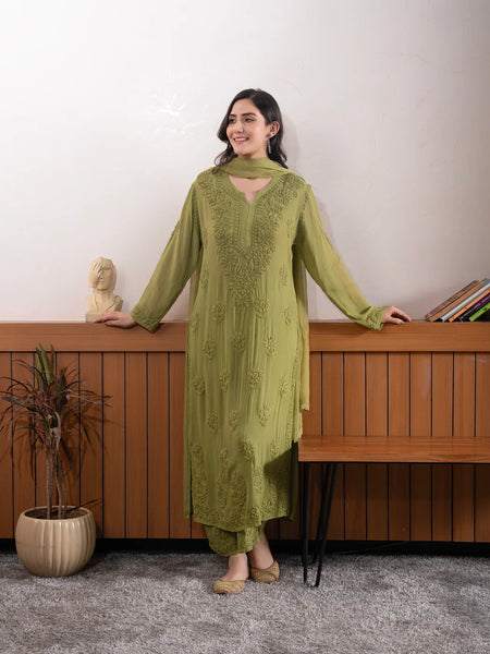 Elegant Olive Green Floral Embroidered Kurta Pant Set with Dupatta