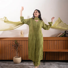Elegant Olive Green Floral Embroidered Kurta Pant Set with Dupatta