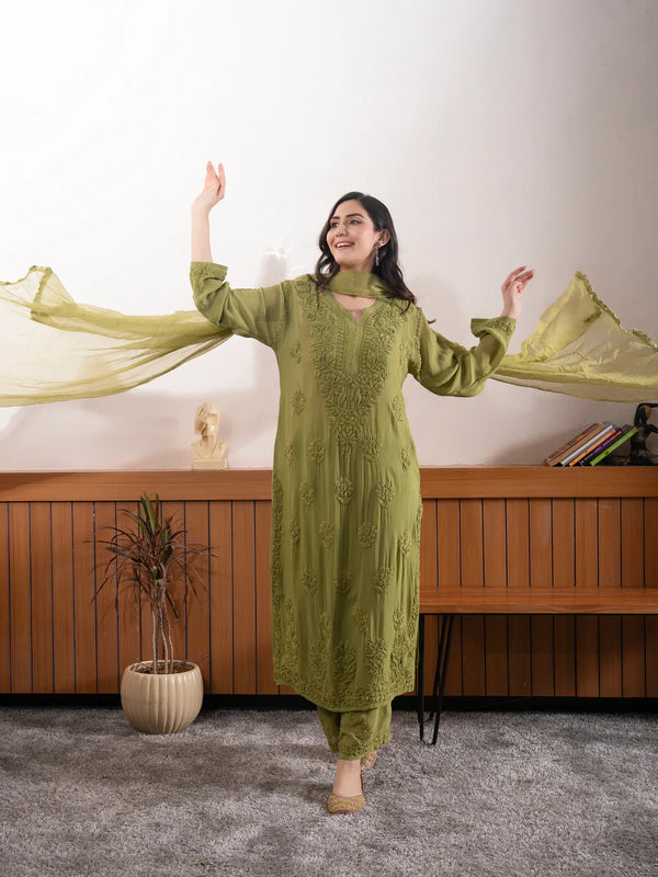 Elegant Olive Green Floral Embroidered Kurta Pant Set with Dupatta