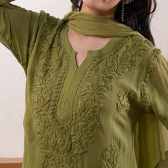Elegant Olive Green Floral Embroidered Kurta Pant Set with Dupatta