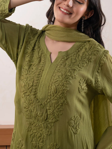 Elegant Olive Green Floral Embroidered Kurta Pant Set with Dupatta