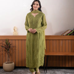Elegant Olive Green Floral Embroidered Kurta Pant Set with Dupatta