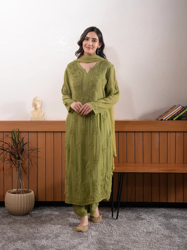 Elegant Olive Green Floral Embroidered Kurta Pant Set with Dupatta