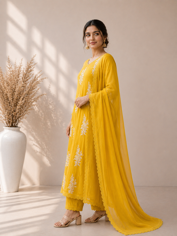 Women's Embroidered Straight Kurta Set with Dupatta